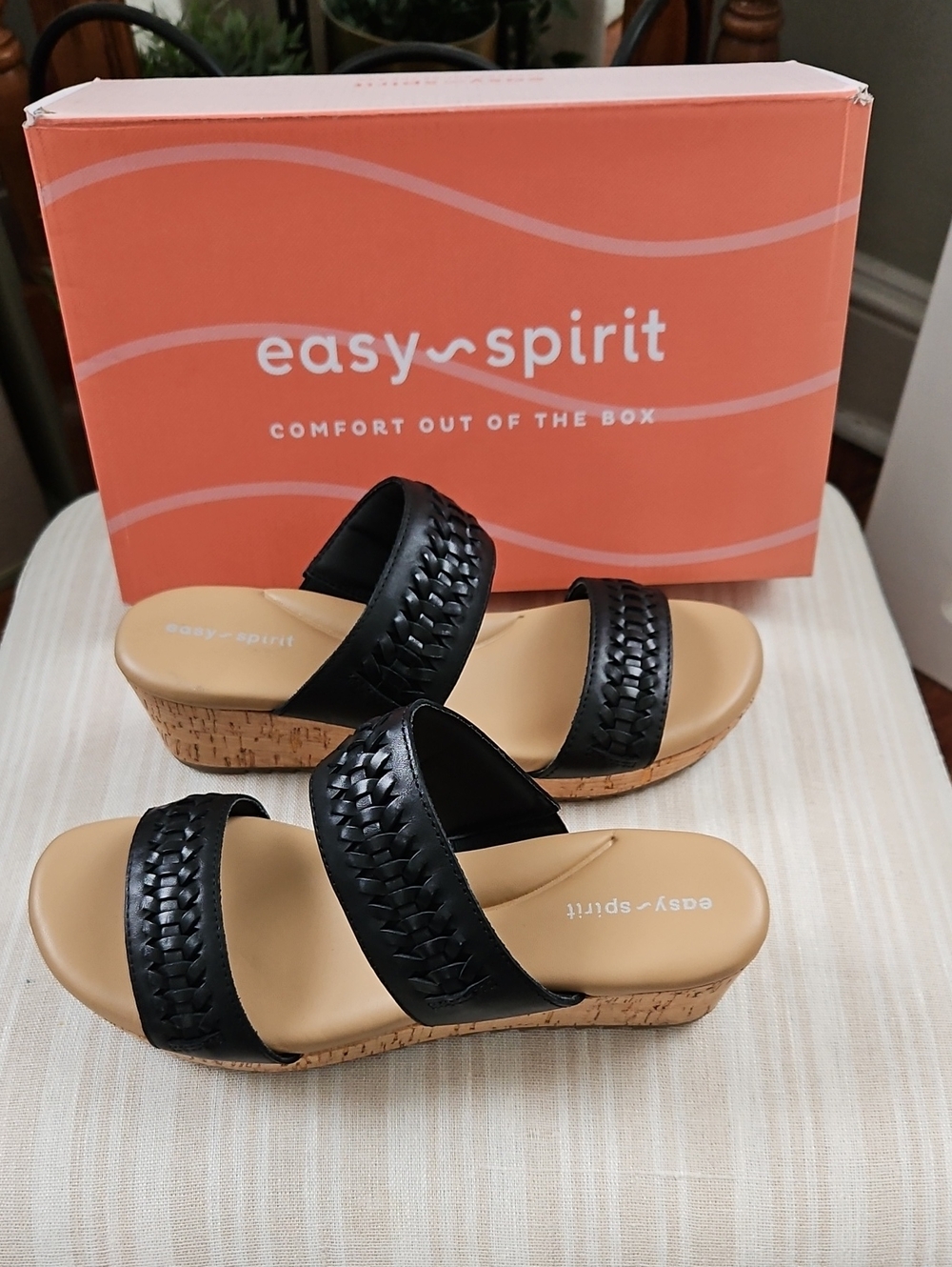 Easy Spirit Black Woven Double-Band Cork Wedge Slide Sandals- 7
